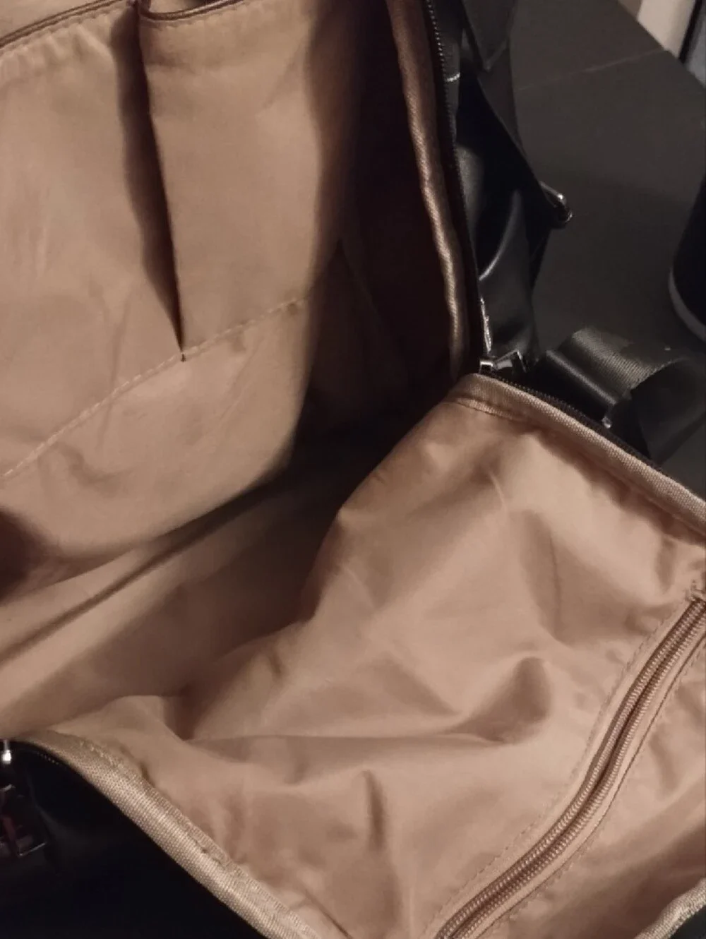 Black Grid-Pattern Backpack with Contrast Brown Strap